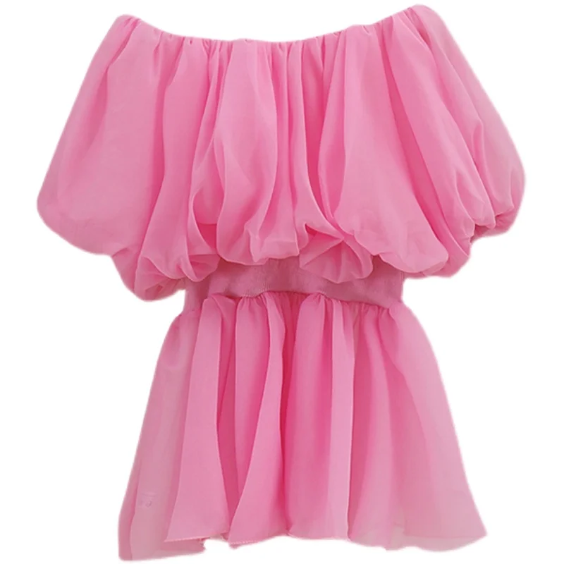 

Top New Graceful and Fashionable Puff Sleeve Waist-Tight Western Style Super Fairy Belly-Covering Chiffon Shirt for Women
