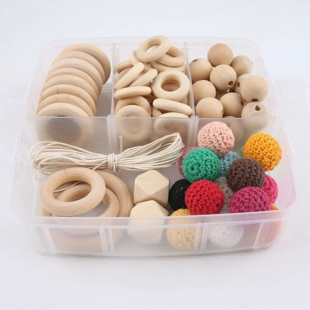 Natural Wooden Ring Geometric Round Crochet Wood Beads DIY Jewelry Making