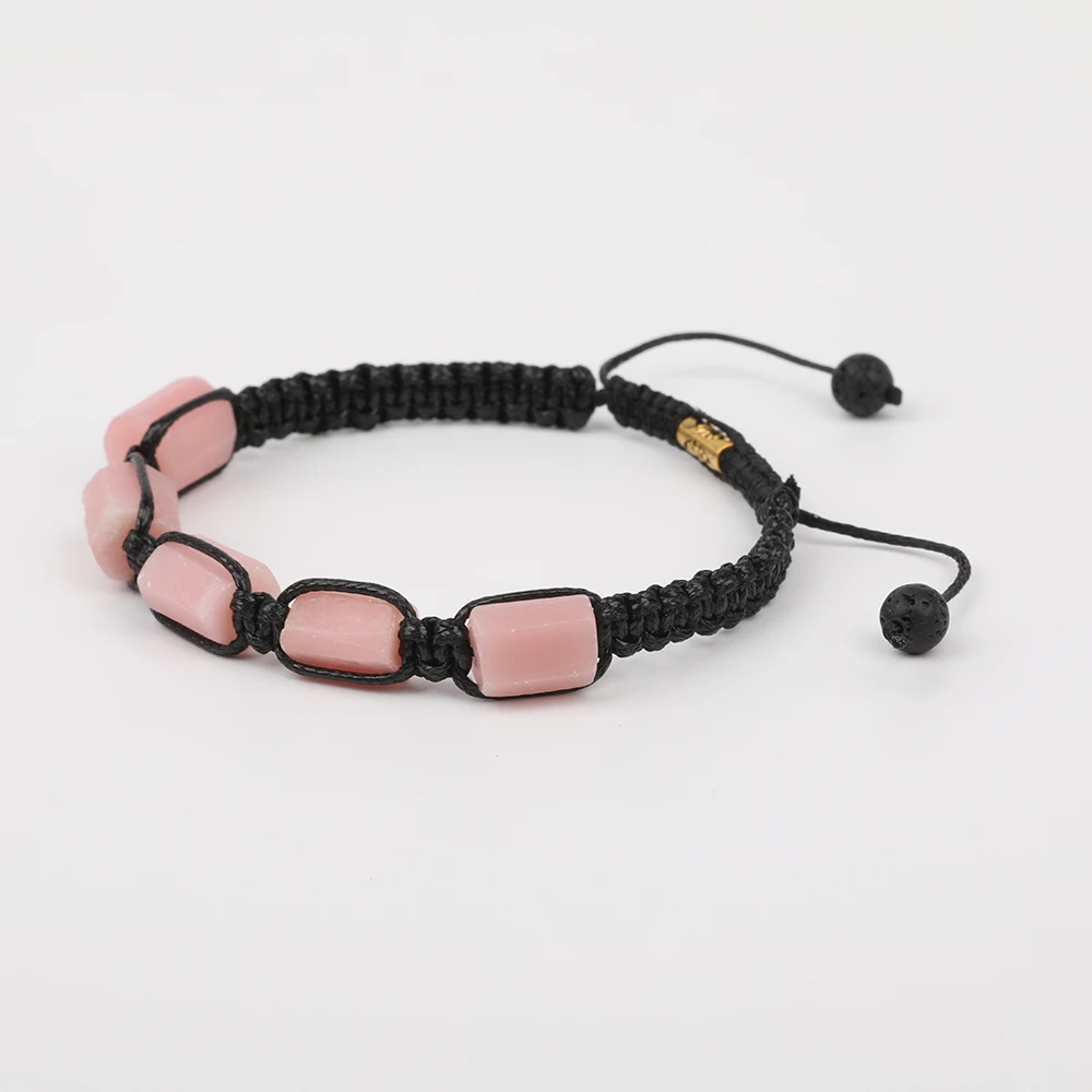

10Pcs/Lot Natural Pink Opal Stone Nugget Beads 6mm Black Lava Round Beads Cord Knotted Adjustable Bracelet For Women N0452JBH