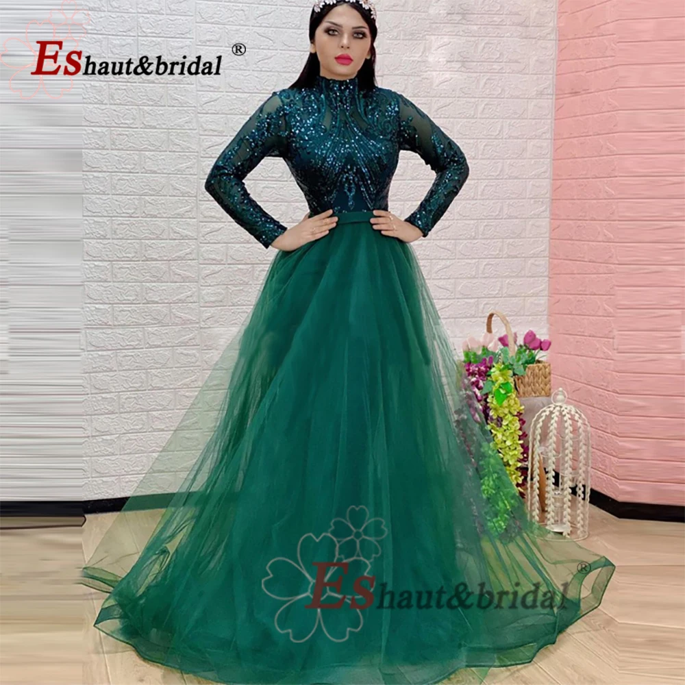 

Muslim Dubai Arabic Evening Night Dress for Women 2022 High Neck Long Sleeves Sequin A-Line Formal Prom Wedding Party Gowns