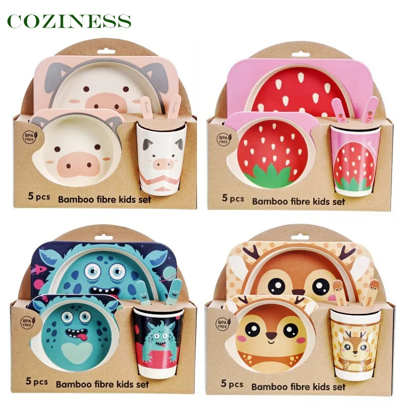 

COZINESS Bamboo Fiber Children Tableware Set Five Piece Set Kindergarten Baby Cartoon Bowl Divided Plate Creative New Product