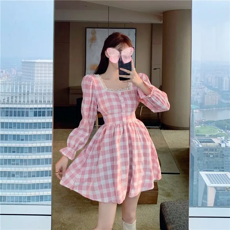 

Square Collar With Lace Pink Plaid Beading Dress Flare Sleeve Cute Kawaii Feminine Dress Japanese Autumn Women Mini Lolita Dress