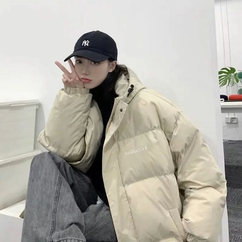 The New Trend of Autumn and Winter Couples Hong Kong Style Loose Hooded Simple Long-sleeved Wild Cotton-padded Coat