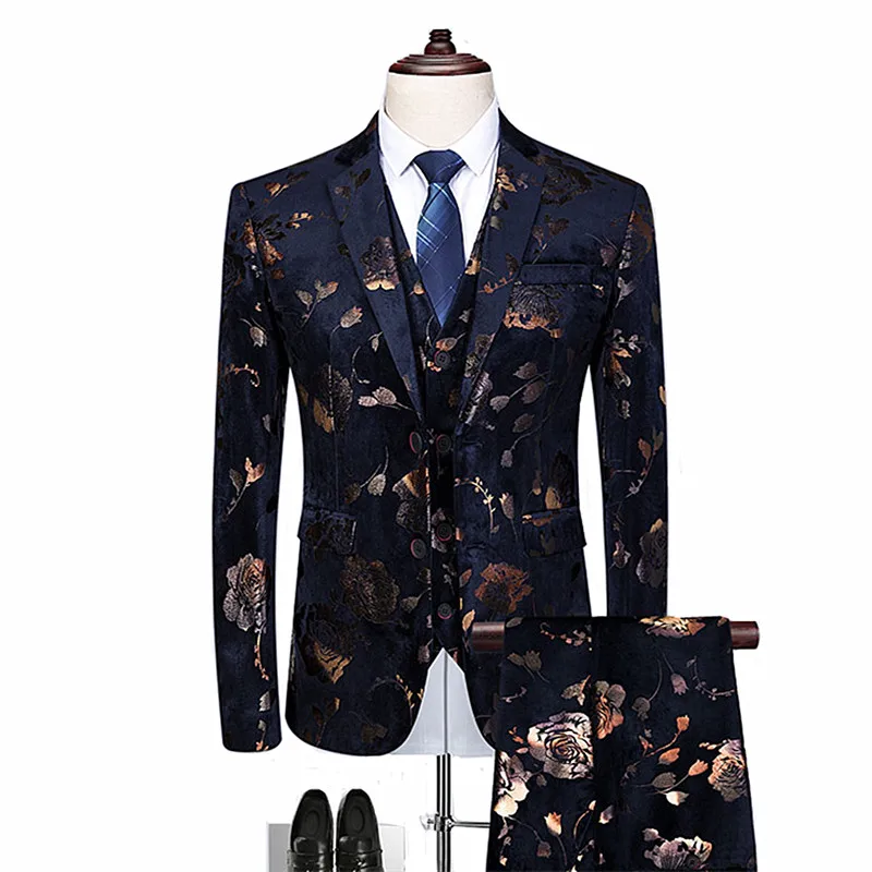 Male Slim Fit Suits Groom Wedding Blazer / Men Flower Print Coat Vest Pants 3 Pieces Set Business Luxury Jacket Waistcoat | Мужские