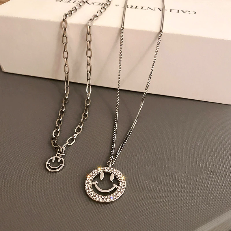 

New Trendy Fine Double Chain Smiley Pendant Necklace for Women Girl Jewelry AAA Zirconia Choker Weddings Birthday Party Gift