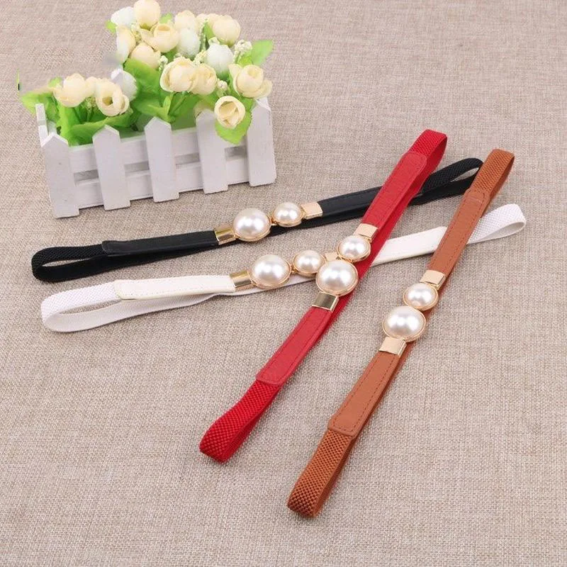 

Women Double Pearl Belt Female Black Red White PU Leather Dress Skirt Waist Elastic Thin Belts Ladies Designer Waistband