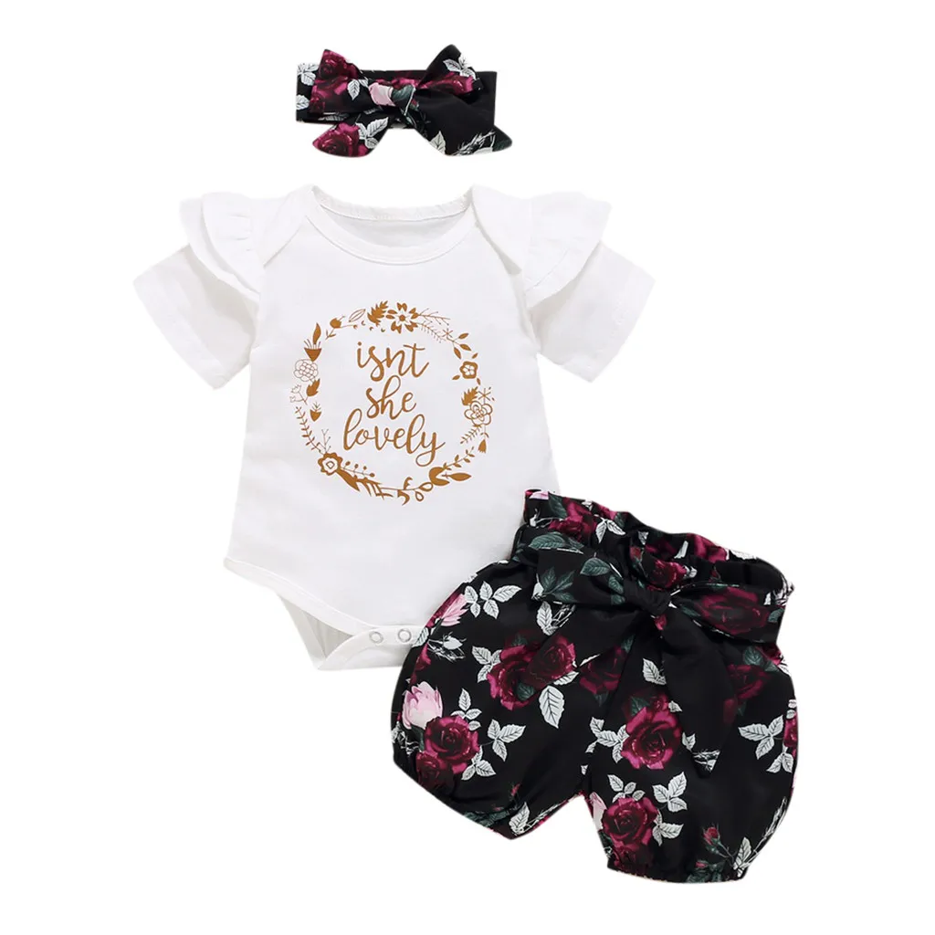 

Newborn Baby Girls Ruffles Letter Print Bodysuit Romper+floral Shorts Outfits Baby Western Style Hooded Cartoon Shirt Bottoming