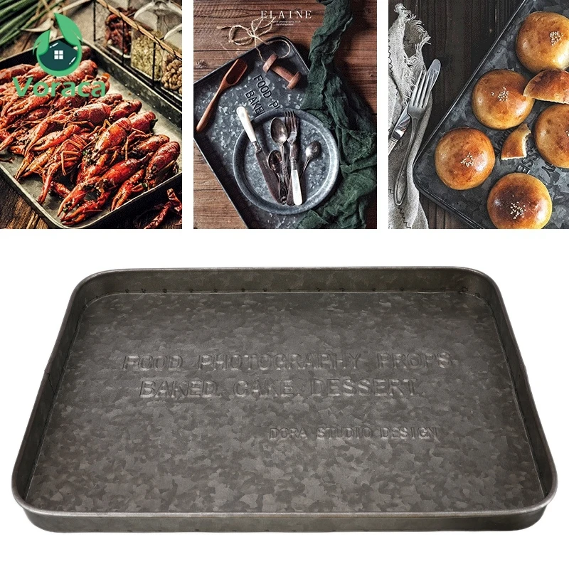 Старинный промышленный оцинкованный железный сервировочный поднос Ретро