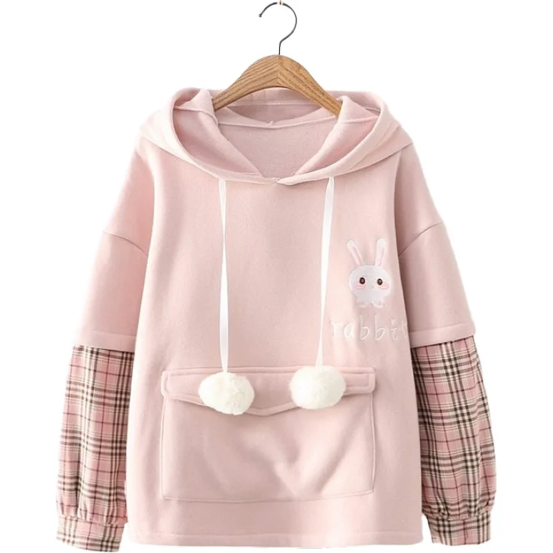 Women Cartoon Rabbit Embroidery Harajuku Hoodies Sweatshirts With Ears On Hood Patchwork Hooded Plus Velvet Kawaii Pullovers