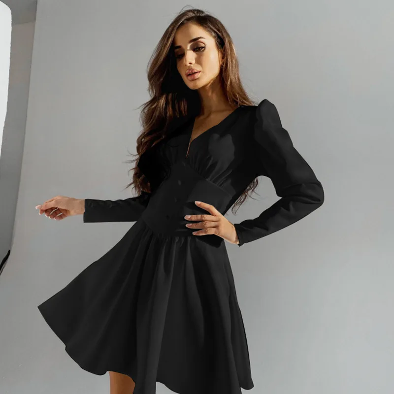 

Autumn Ladies Casual Sexy Mini Dress Female Women Solid Color V-neck Puff Long Sleeve Button Decoration Slim Ruched A-line Skirt