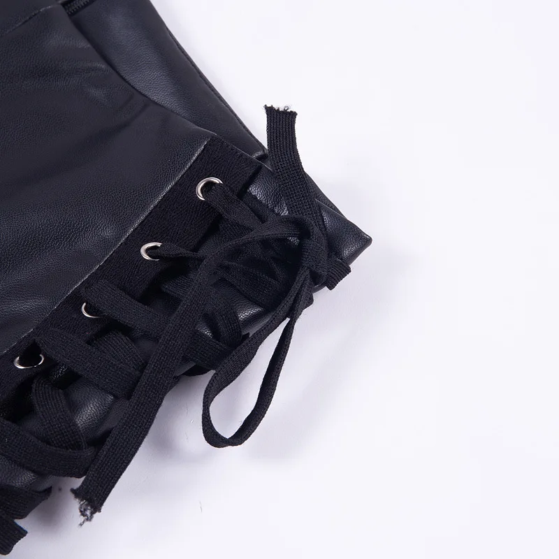 

NORMOV Side Lace Up Back Zip Leggings Women Sexy Fleece High Waist Leggings Elastic Autumn PU Faux Leather Female Leggings