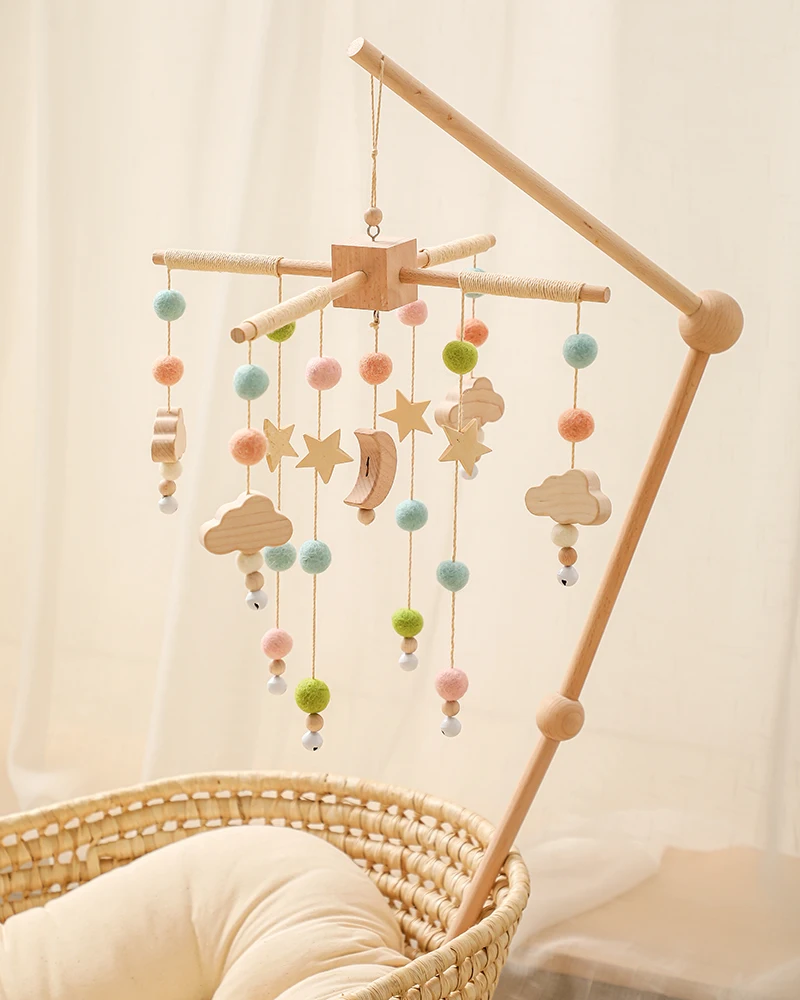 

Baby Toy Wooden Mobiles Bed Bell Moon Clouds Rattle For Newborn Developing Diy Accessories Crib Holder Arm Brackets Gifts Rattle