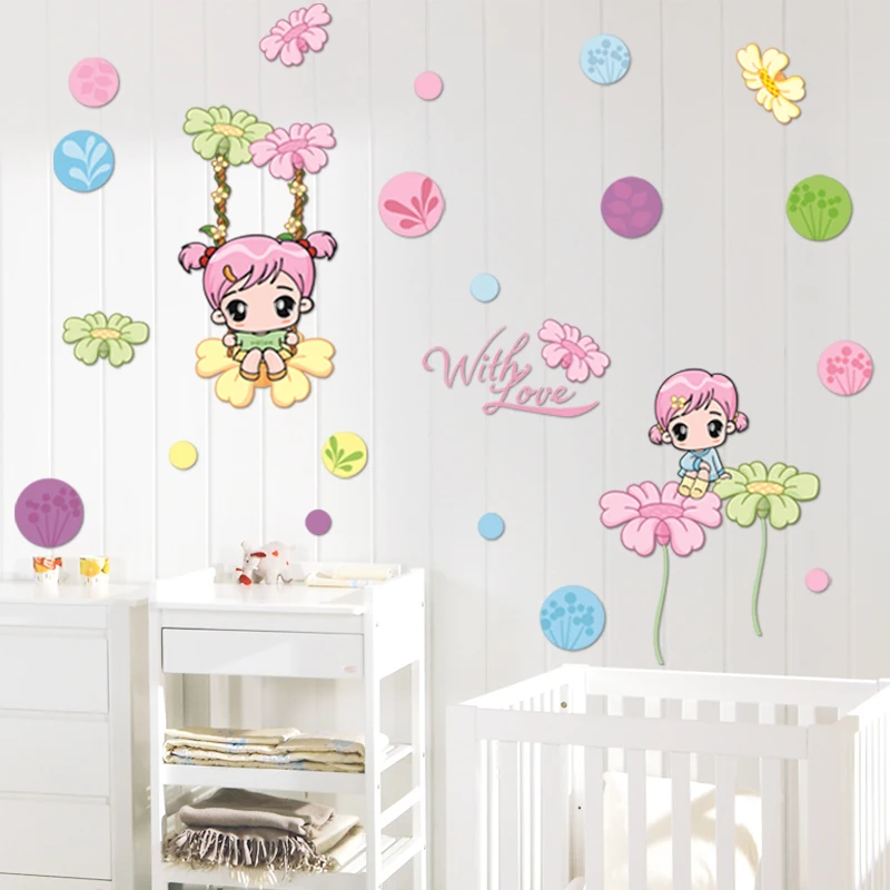 

Girl Room Wall Stickers DIY Cartoon Girl Flowers Mural Decals for Kids Rooms Baby Bedroom House Decor