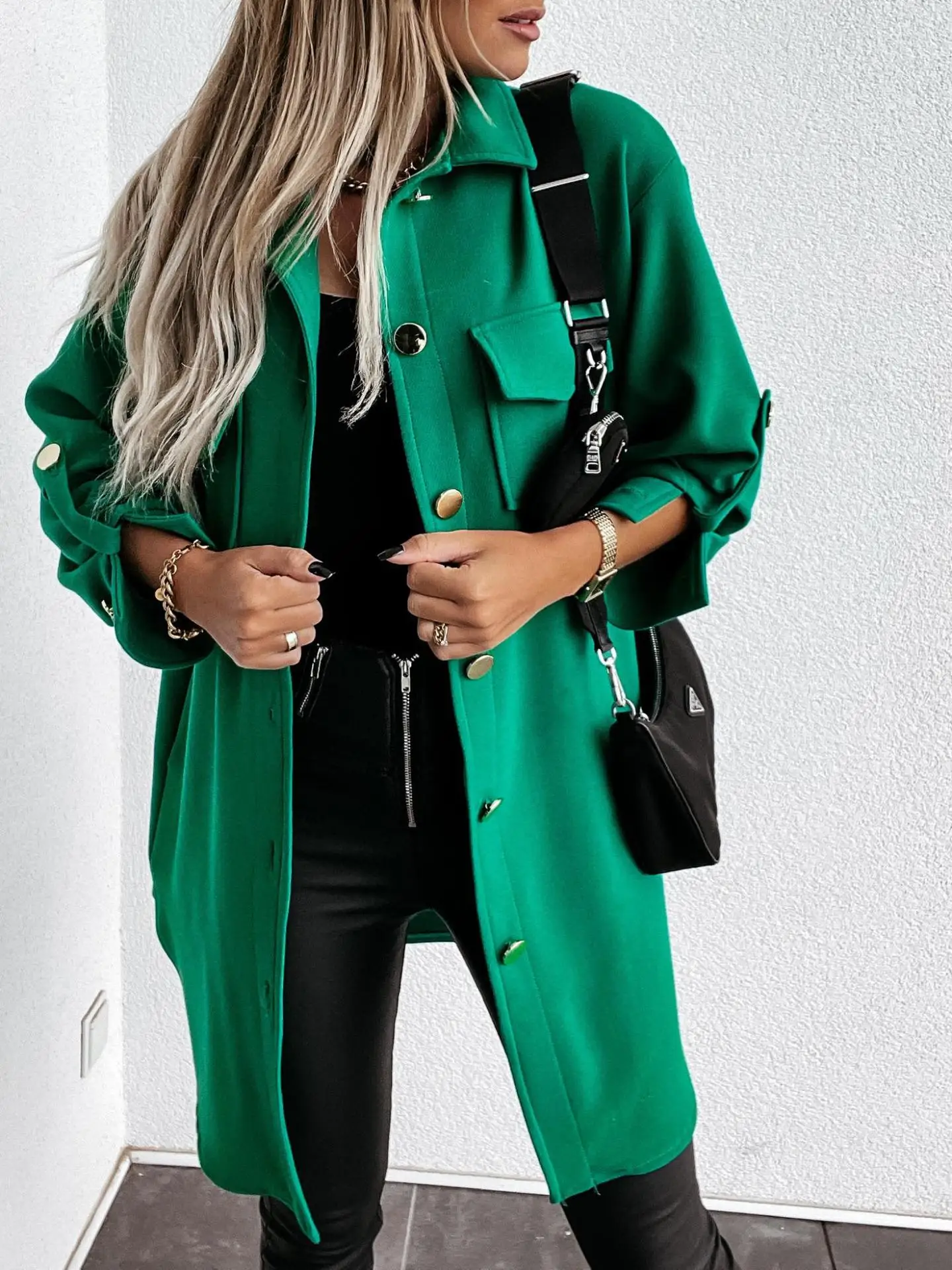 

Women Jackets 2021 Autumn/winter OL Pulled Sleeve Button Long Shirt Jacket Women Fashion Solid Color Outerwear Coats Donsignet