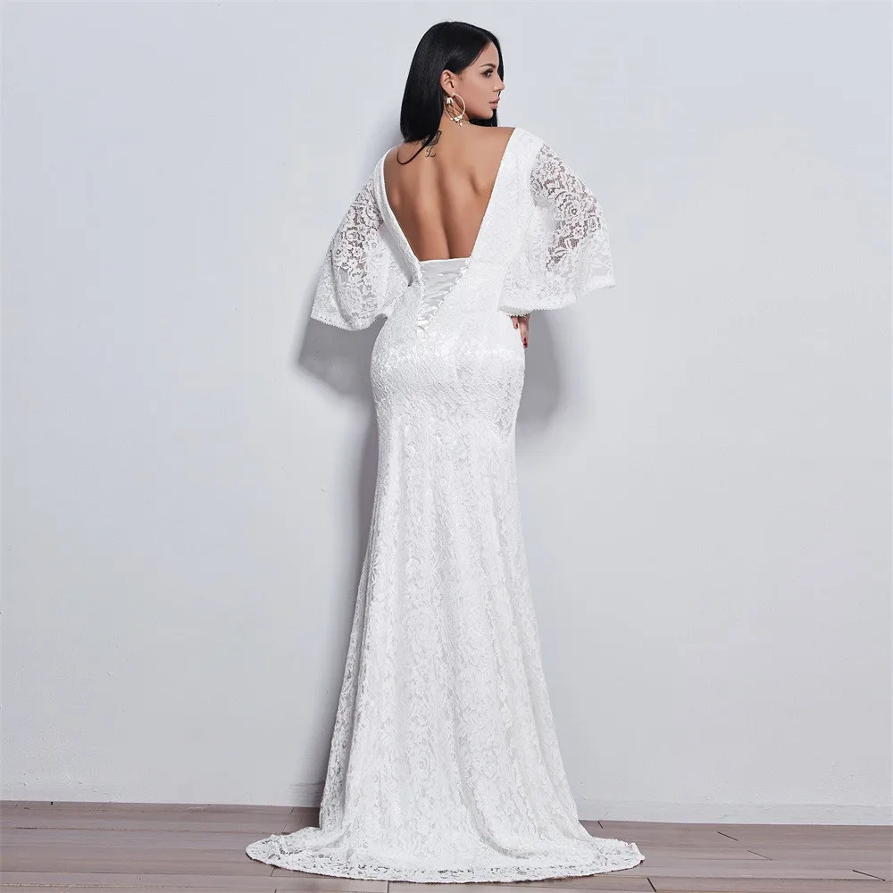 New long sleeve wedding dress Mermaid Flare style lace for Vestido de noiva color | Свадьбы и торжества