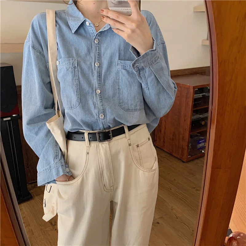 Женская ВИНТАЖНАЯ ДЖИНСОВАЯ РУБАШКА REALEFT свободная блузка с длинными рукавами и