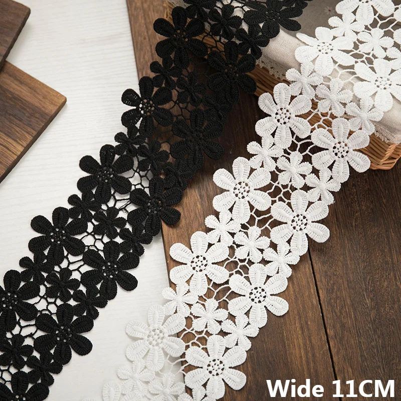 

11CM Wide Luxury White Black 3D Flowers Embroidered Fringe Ribbon Lace Collar Neckline Trim Dress Curtains Sofa DIY Sewing Decor