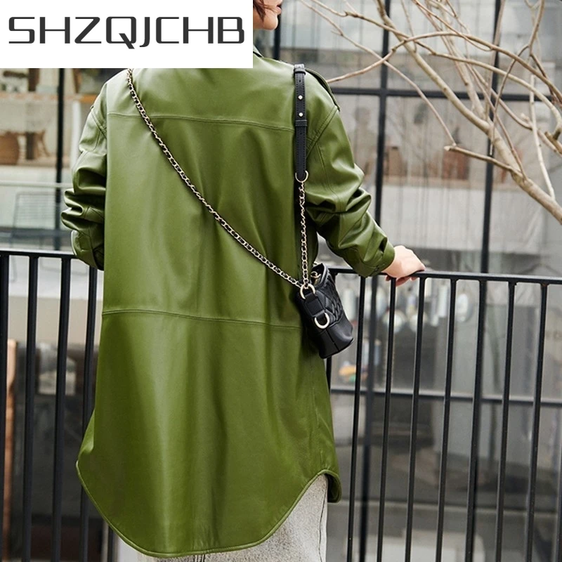 

JCHB 2021 Ladies Slim Fit Qualites Sashes Sheepskin Trench Coats Fashion Single Breasted Pockets Genuine Leather Medium Length O