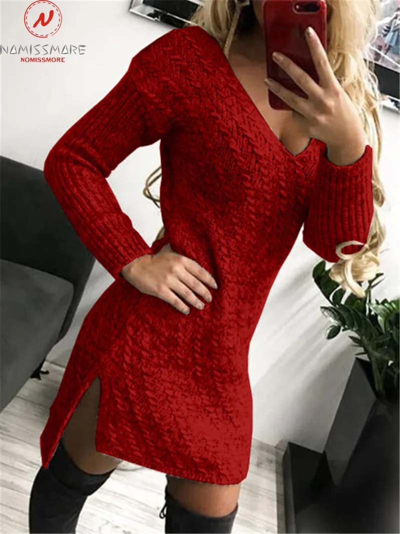 

Модное женское однотонное платье-карандаш для улицы, необычный дизайн, v-образный вырез, длинный рукав, средняя талия, облегающее трикотажно...