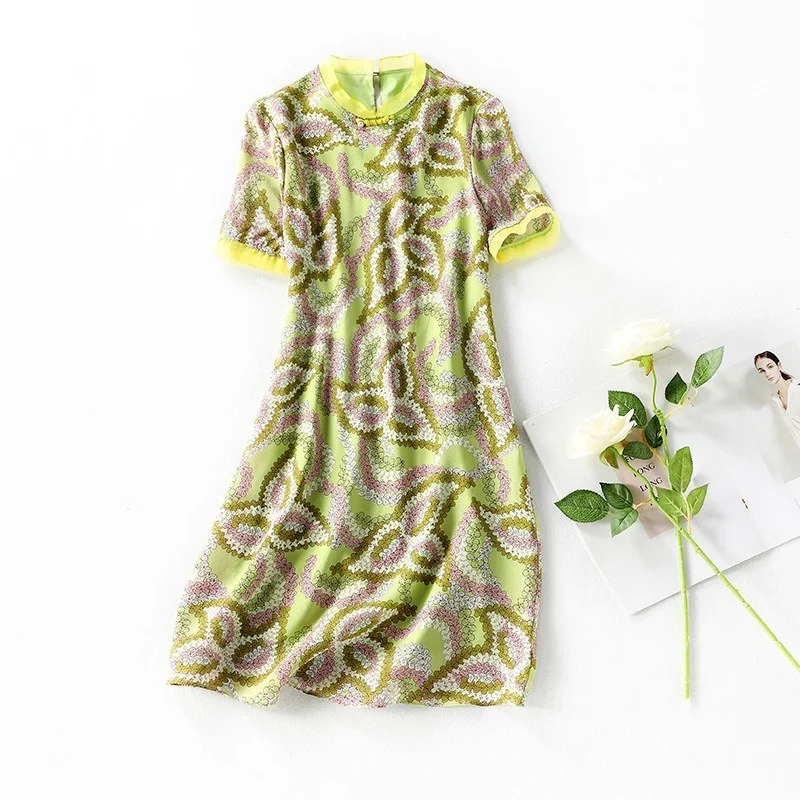 

72842 Fashionable New Summer Retro Women's Silk Short Sleeve Silk Dress