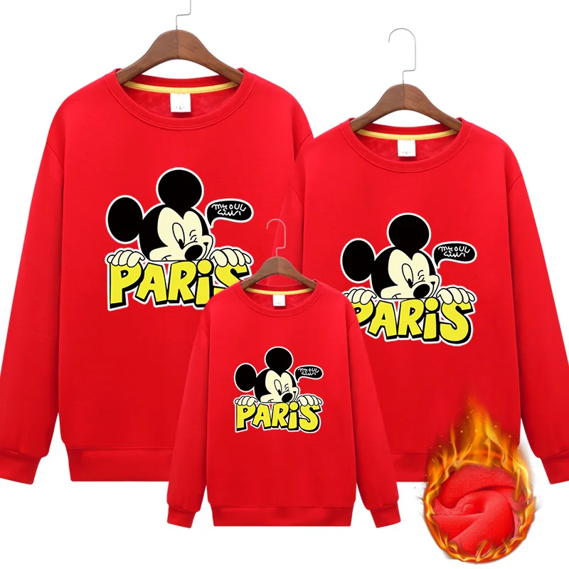 

Одежда для родителей и детей, Осень-зима, трендовый красный свитер с круглым вырезом и мультяшным рисунком Микки Мауса, утепленная семейная ...