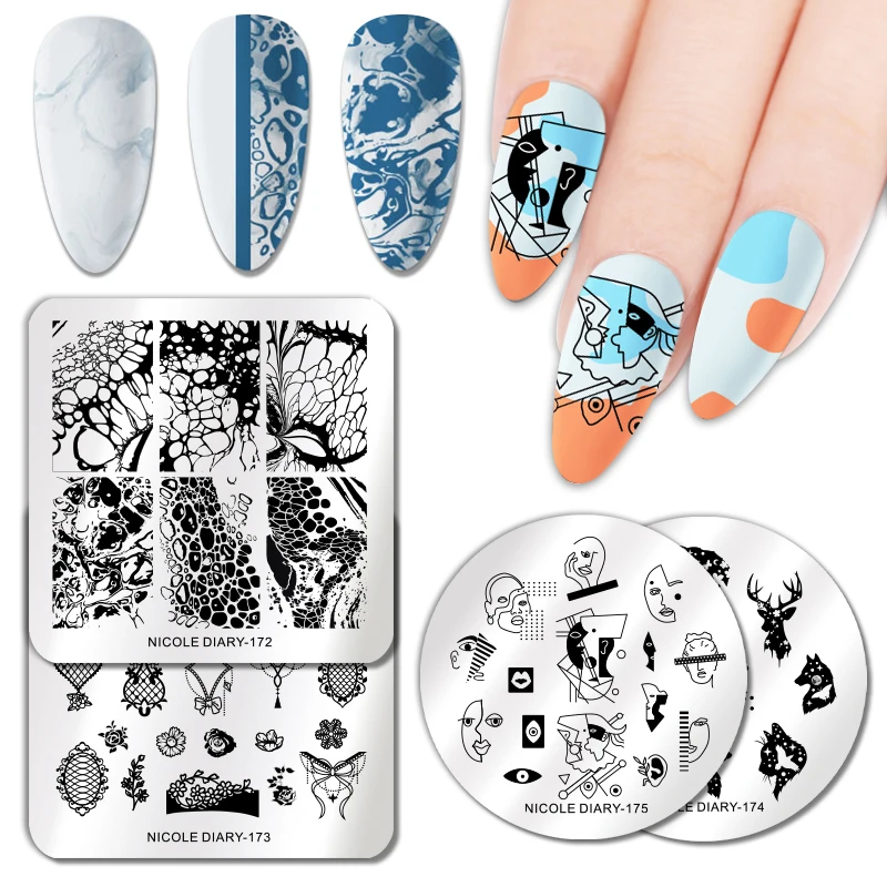 Прямоугольная штамповочная пластина NICOLE DIARY для ногтей мраморная из нержавеющей