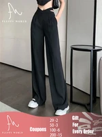 women casual wide leg pants loose style waist hollow out office lady long trousers solid high waist wild straight female pants