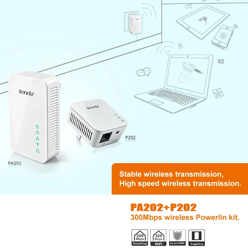 Tenda PA202 300 Мбит/с Беспроводной Мощность линии сетевой адаптер Ethernet PLC Адаптер