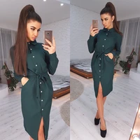 fashion long sleeve buttons shirt midi dress women 2021 autumn casual yellow green vintage ladies dresses for woman femme robe