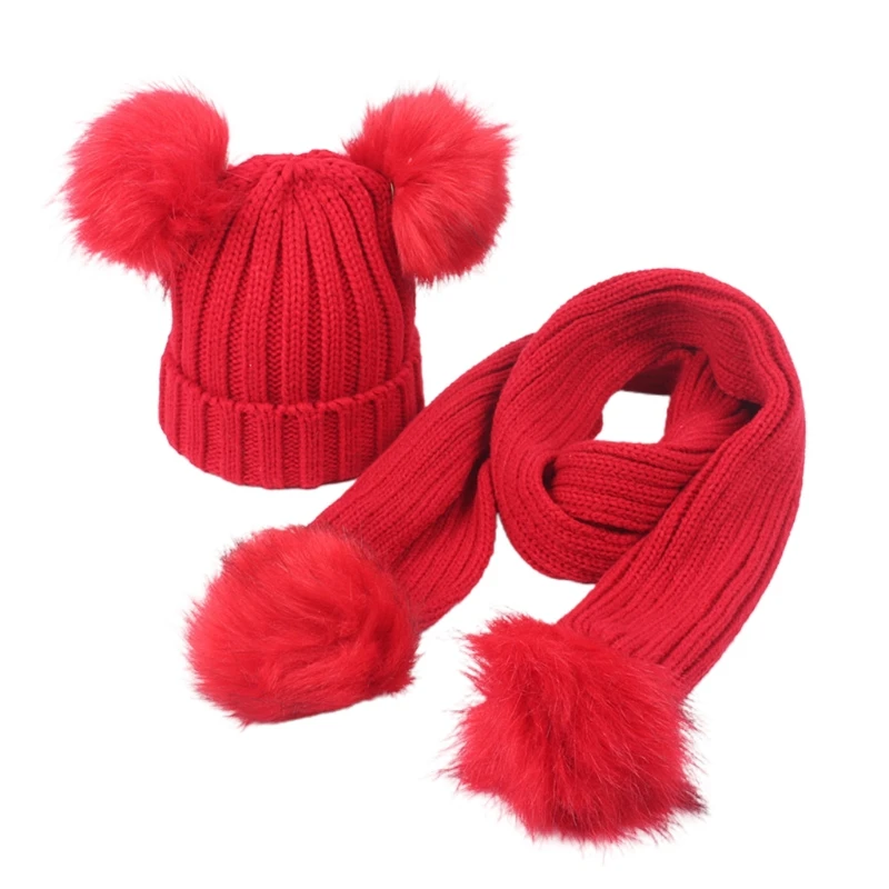 

Toddler Kids Winter Warm Ribbed Knit Beanie Hat with Long Scarf Set Solid Color Cute Double Pom Pom Ear Cuffed Skull Cap H9ED