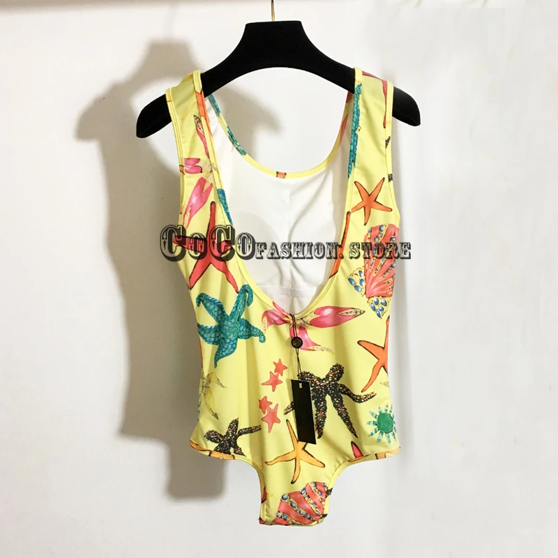

Luxury Designer Woman 2021 High End fashion Branded Vintage Classic Starfish Shell Print stretch slim fit bodycon sexy bodysuit