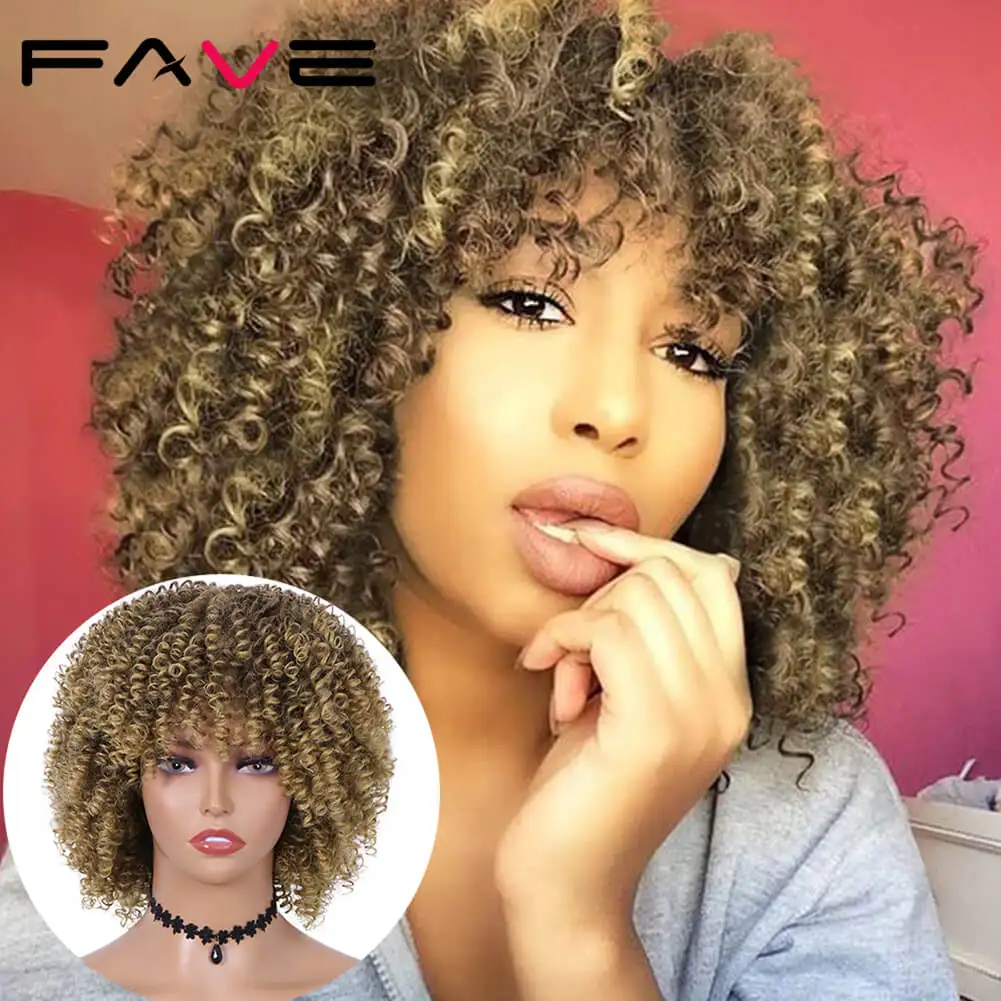 

FAVE Blonde Brown Afro Kinky Curly Wig Ombre Black Purple Blue Green Color For Black White Women African Heat Resistant Fiber