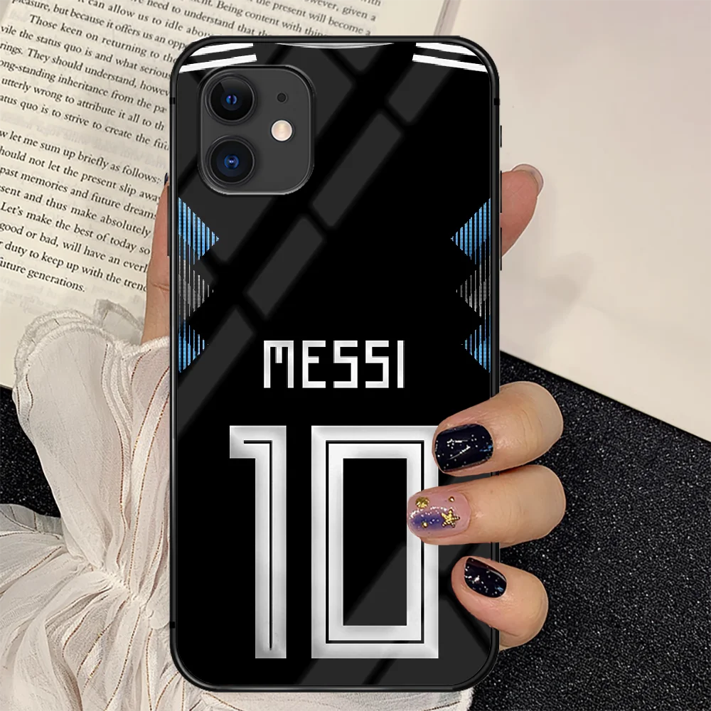 

Lionel Messi Football Soccer Phone Tempered Glass Case Cover For IPhone 6 6S 7 8 11 12 X Xr Xs Se 2020 Pro Max Plus Mini Black