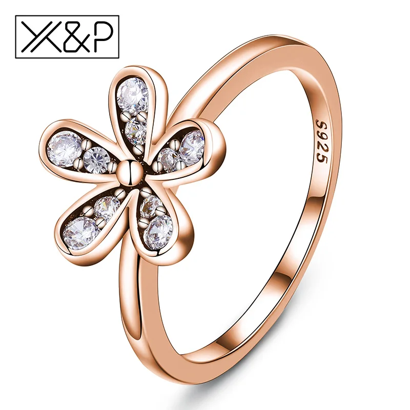 X& P модные изысканные серебряные кольца с кристаллами из розового золота в виде цветка для женщин, свадебные украшения, эффектное обручальное кольцо для невесты - Цвет основного камня: Rose Gold