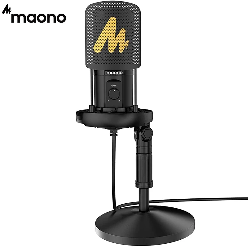 

USB-микрофон MAONO с усилением микрофона, кардиоидный Студийный конденсаторный микрофон с металлическим поп-фильтром, амортизационное креплен...