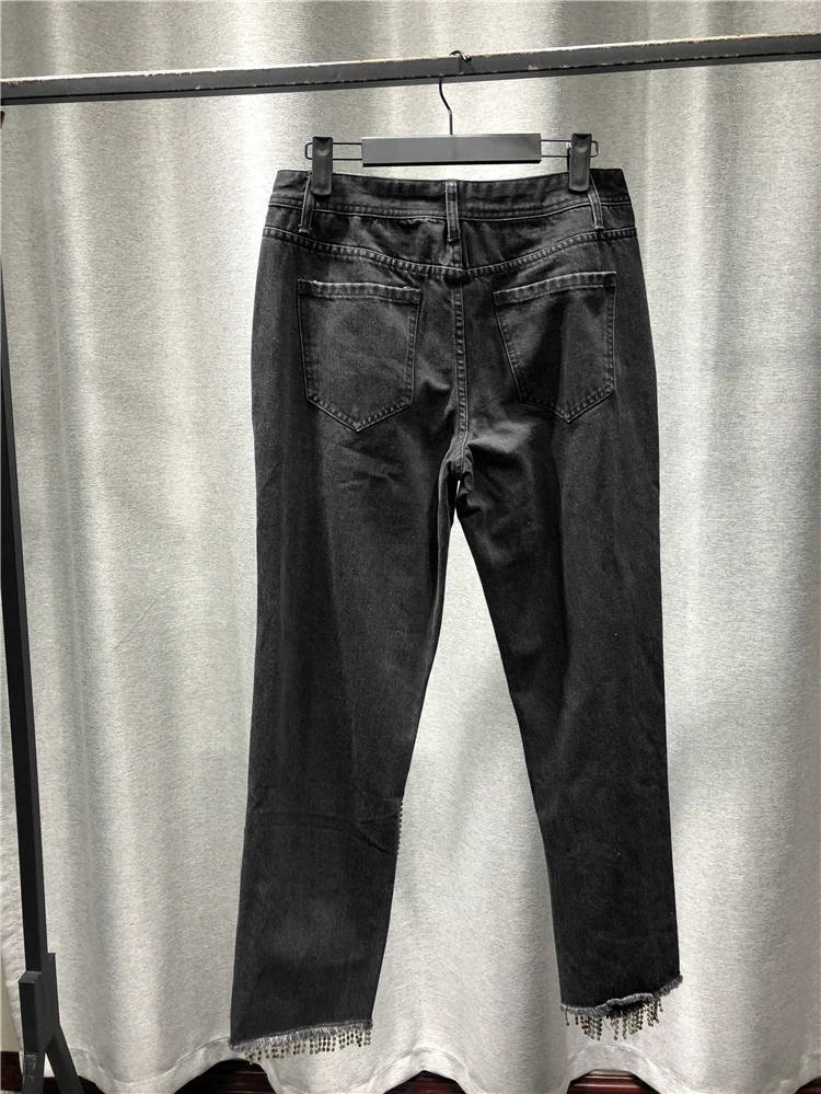 

Accurate Set Auger Decoration Luxury Black woman Jeans Spring/Summer 2021 New Pocket Nine Points Straight Pants Fashion