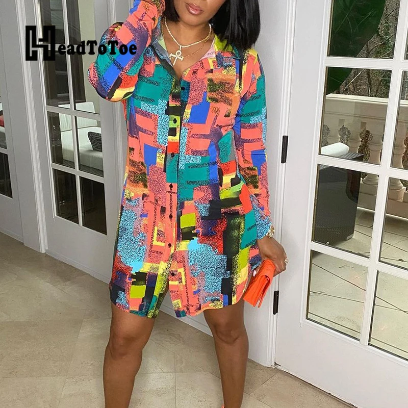 

Colorblock Print Button Streetwear Fashion Dresses for Women Full Sleeve Turn Down Collar Straight Long Shirts Dress Women
