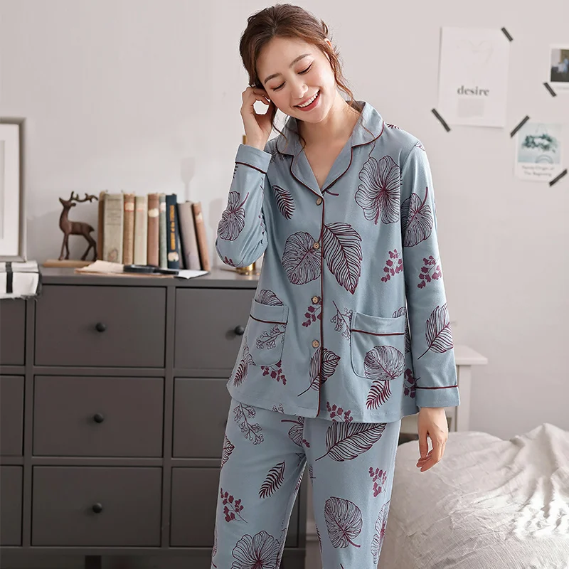 

New Spring Cotton Women Pajamas Set Long Sleeve Turn-down Collar Casual Soft Female Homewear Plus Size M-3XL Ladies Sleepwear