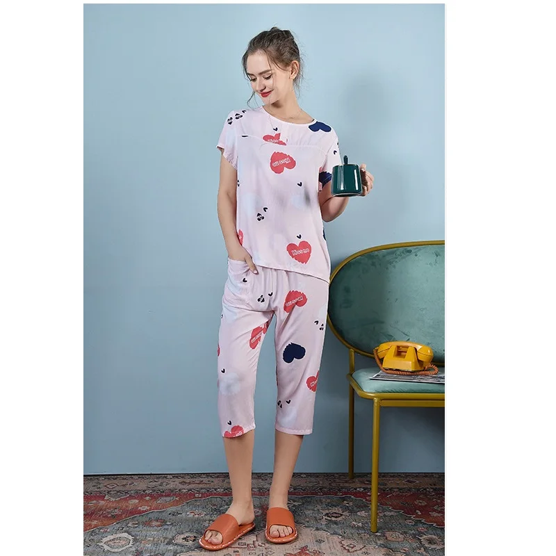 

2021 Summer Women's Suit New Product Printed Round Neck Short Sleeve Two-piece Conjunto Femenino Loose and Comfortable Pajamas