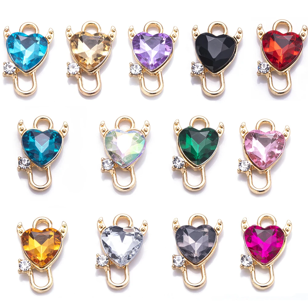 

SAUVOO 10pcs/lot Zinc Alloy Mini Crystal Heart Shape Love Charms Pendant Gold Charm With Hole For DIY Jewelry Making Accessories