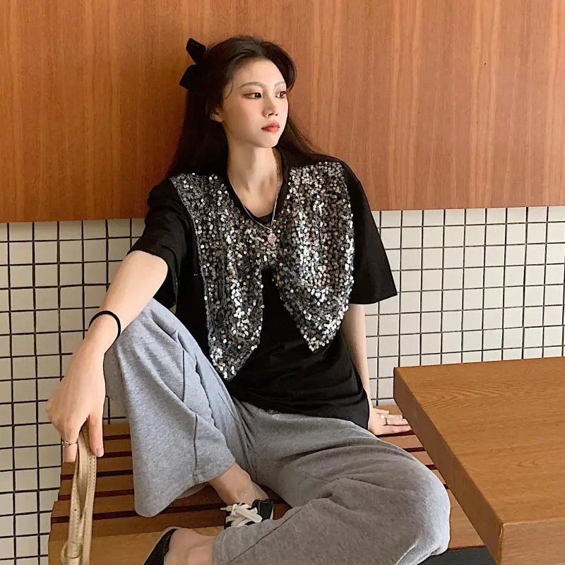 

2021 new design sense Sequin heavy industry bow French style foreign style loose short sleeve T-shirt women's wear