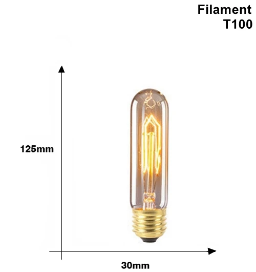 T100 Filament Винтаж Edison светильник лампочка E27 220v 40w Ретро Эдисон лампы ST64 T45 T100 T185 G80 G95 A19 нити накаливания светильник - Цвет: T100 Filament