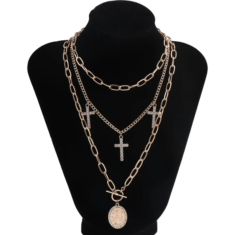 

IngeSight.Z Multi Layered Rhinestone Crystal Cross Virgin Mary Pendant Necklace Goth Toggle Clasp Choker Necklace Collar Jewelry