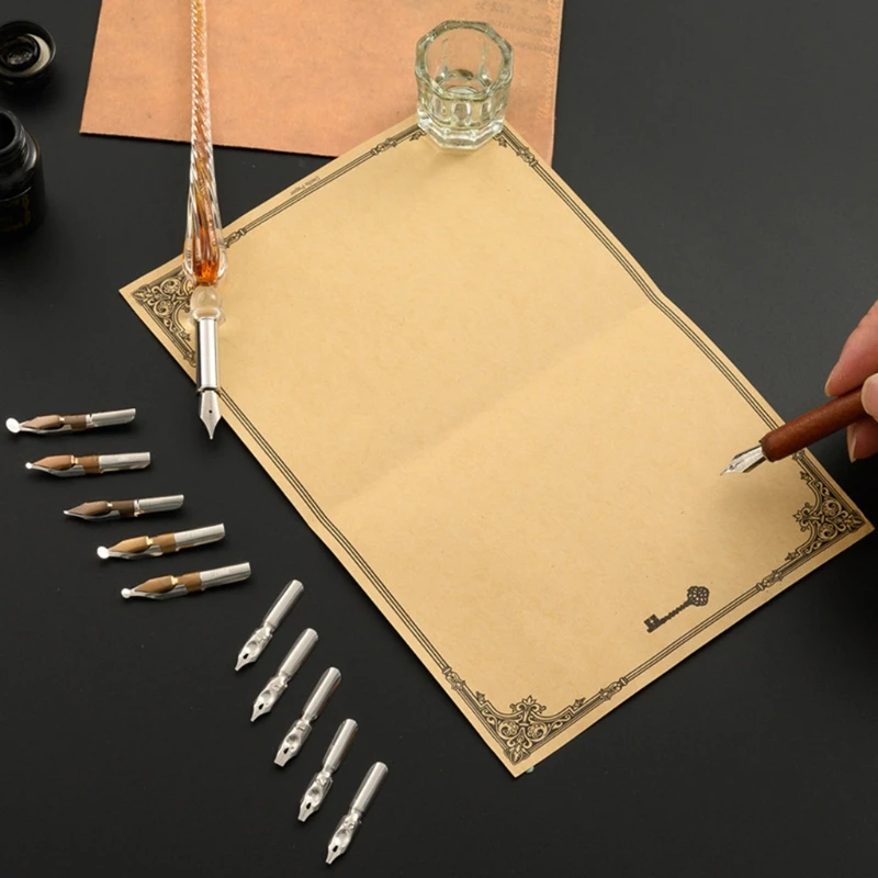 

Vintage Dip Pens Fountain Writing Ink 10 Nibs Pen Holder Gift Box Calligraphy Stationery School Supplies