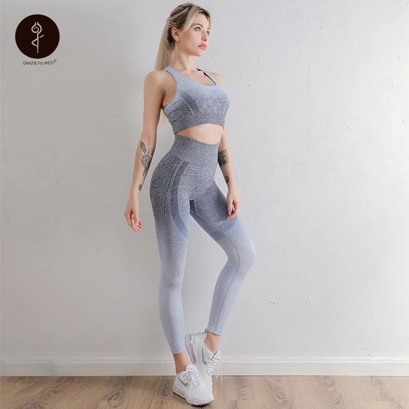 

2 Pcs Set Knitted Gradient Yoga Clothing Suit Women Quick Drying Sports Underwear High Waist Hip Lift Leggings Roupas Femininas