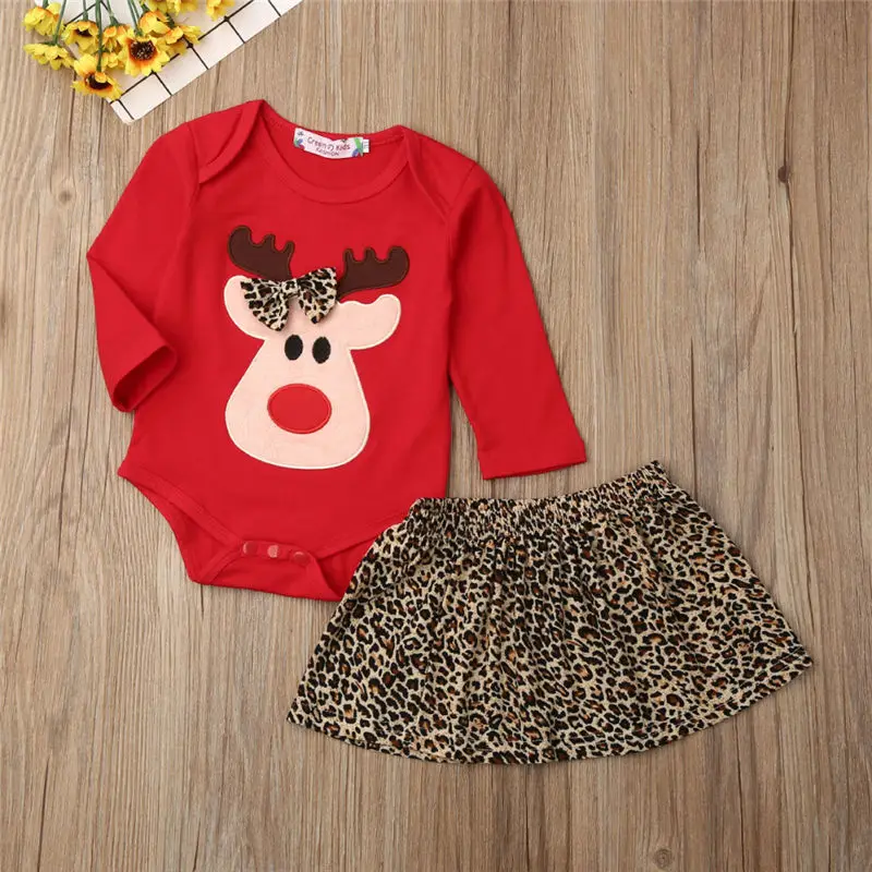 Christmas Reindeer Outfit Baby Girls Clothes Set Infant Long Sleeve Clothing Cotton Bodysuit+Leopard Skirt Newborn Toddler Kids | Детская