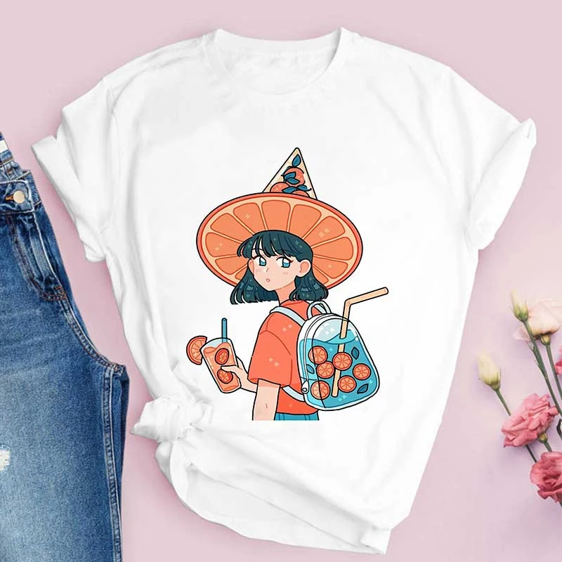 

ZOGANKIN Women Harajuku Aesthetic White Tops Tee Strawberry Juice Graphic Print T-shirt New Summer Fashion Female Tshirt