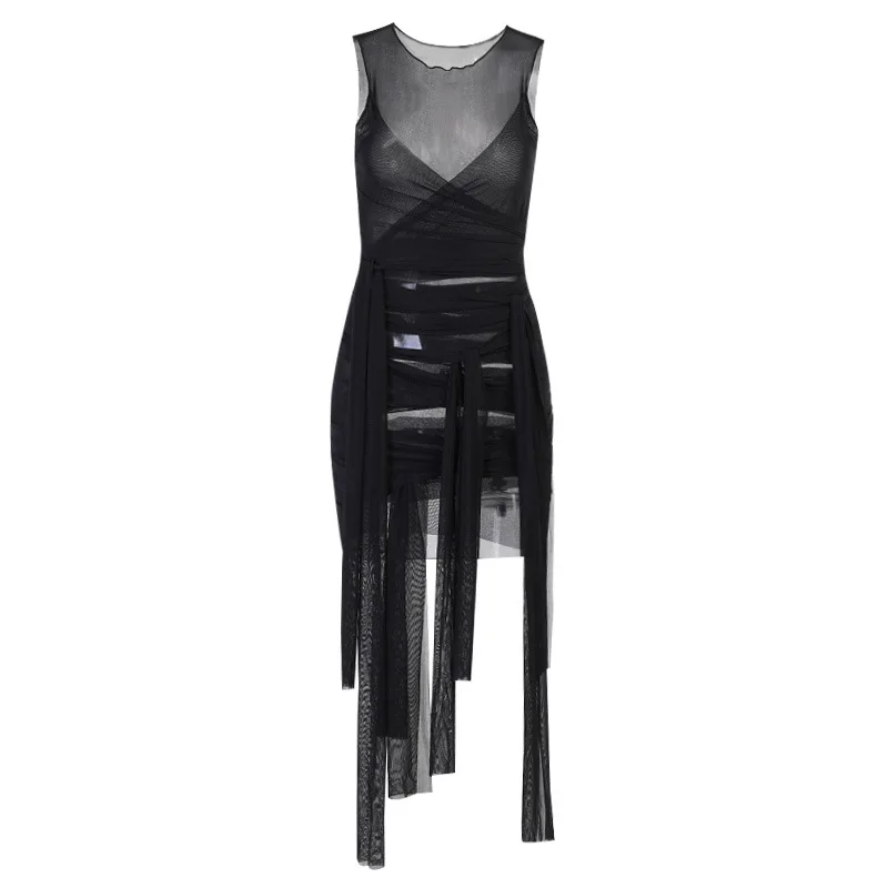 

Ribbons Mesh See Through Bodycon Party Dresses Women Sexy Clubwear Mini Dress Solid Sleeveless Basic Female Outfits