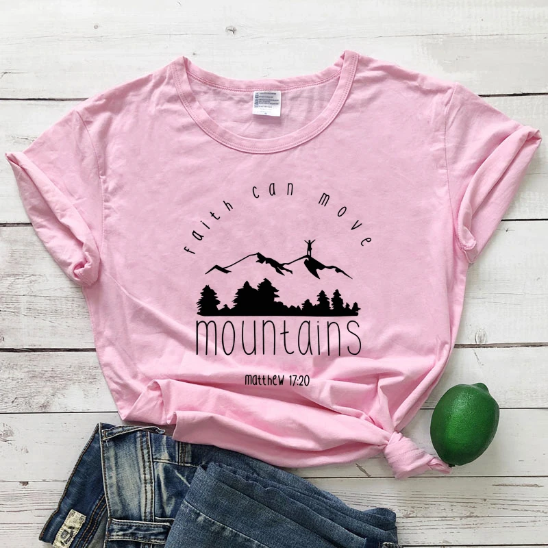 Faith Can Move Mountains Matthew 17:20 Christian Tshirt Cotton T Shirt Women Jesus Bible Graphic T-shirt 90s Big Size Top | Женская