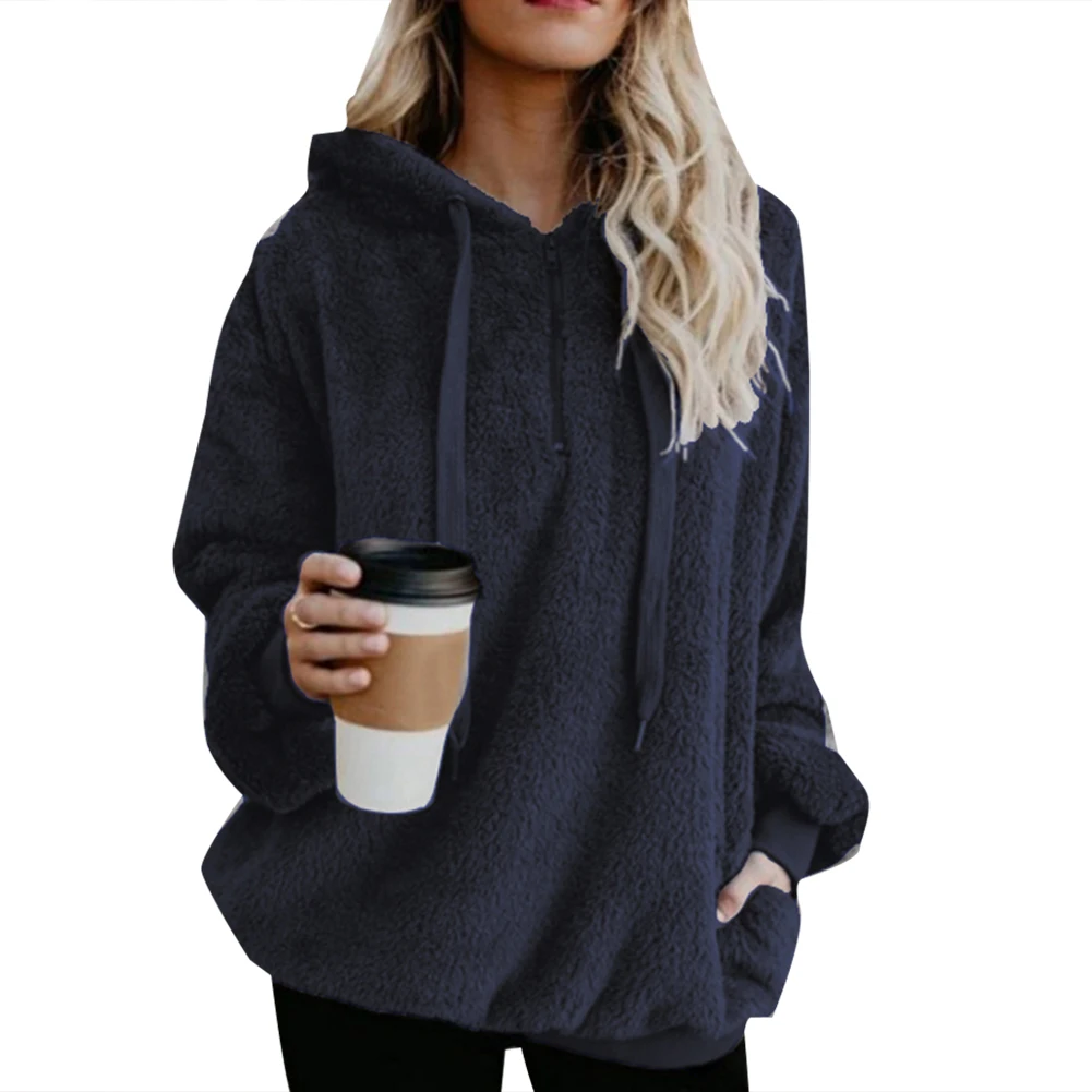 Plus Size Winter Solid Color 1/4 Zip Up Fluffy Hoodies Women Hooded Sweatshirt Women's autumn and winter casual warm jacket